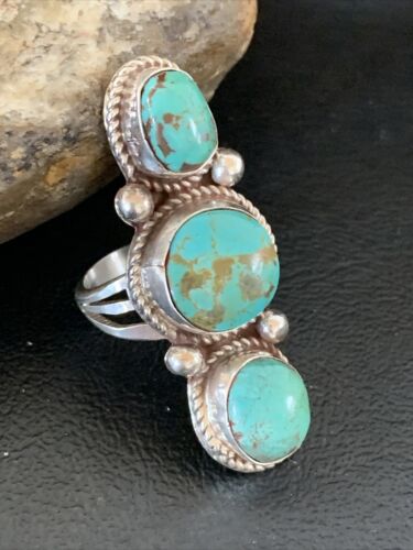 Navajo Sterling Silver Blue Turquoise Ring | 3-Stone | Sz 9 | Native American Handmade | 13615