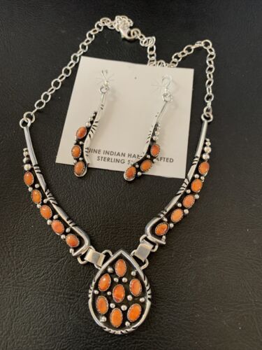 Navajo Red Spiny Oyster Necklace & Earrings Set | Sterling Silver | Native American Handmade | 2111