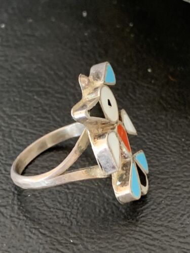 Zuni Peyote Bird Ring | Sterling Silver Coral Turquoise Onyx Mother of Pearl Inlay | Sz 5.5 | 10790