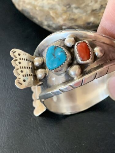 Navajo Sterling Silver Watch Cuff Bracelet | Blue Turquoise & Coral | Authentic Native American Jewelry | 12169