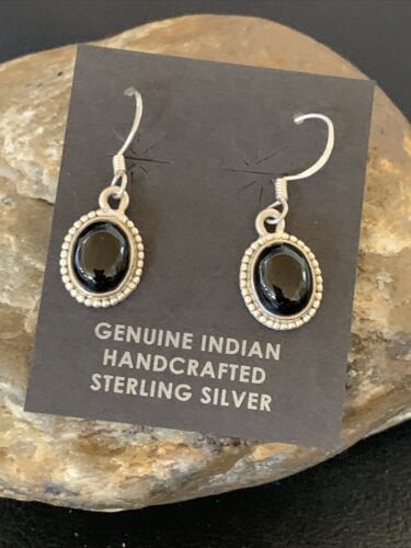 Native American Navajo Black Onyx Drop Earrings | Sterling Silver Dangle | 0.5" | 12647