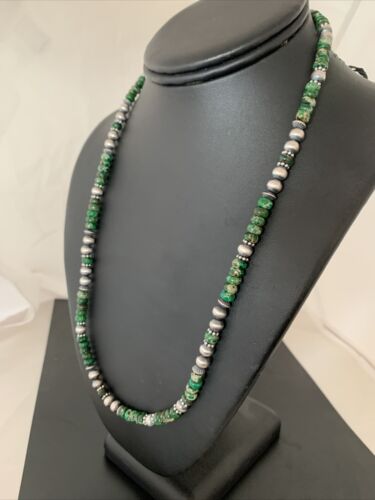 Navajo Green Turquoise Bead Necklace | Sterling Silver | 22" | Authentic Native American Handmade | 02040