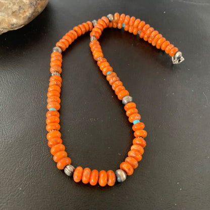Southwestern Navajo Apple Coral Bead Necklace | Sponge Sterling Silver | Authentic Native American Handmade | 20" | 02043