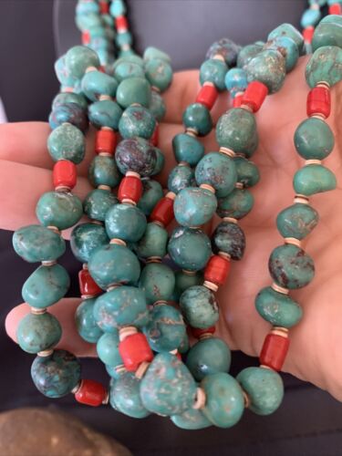 Native American Santo Domingo Blue Turquoise Coral Nugget Bead Necklace | 34" | 13183