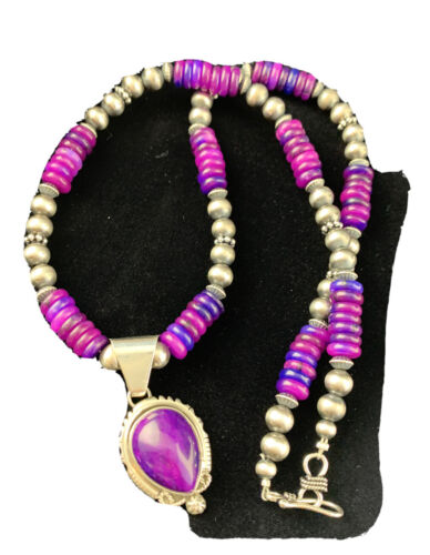 Women's Navajo Necklace with Purple Sugilite Pendant | Sterling Silver | Authentic Native American Handmade | 1628