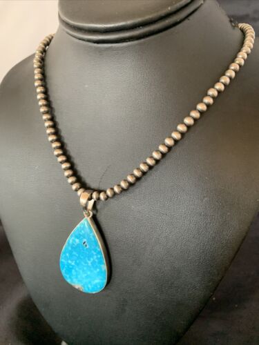 Navajo Pearls Blue Kingman Turquoise Necklace Pendant | Sterling Silver | Authentic Native American Handmade | 11810
