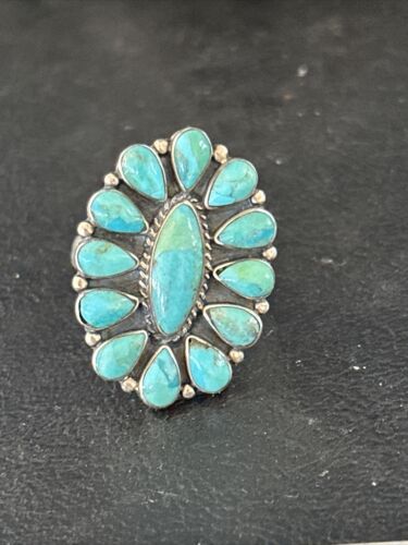 Navajo Blue Turquoise Cluster Ring | Authentic Native American Sterling Silver | Multi-Stone | Sz 9 | 14265