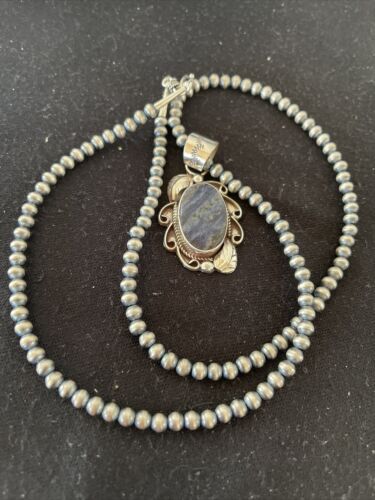 Men's Handmade Navajo Sterling Silver Beads Necklace | Lapis Pendant 2" | Authentic Native American | 1208