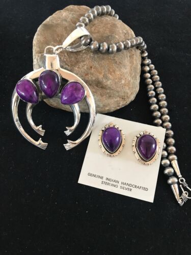 Navajo Pearl Sugilite Naja Necklace Pendant Earring Set | Yazzie | Authentic Native American Sterling Silver | Handmade Set | 3894