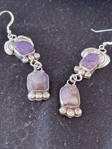 Navajo Purple Charoite Dangle Earrings | Sterling Silver | Authentic Native American Handmade | 01225