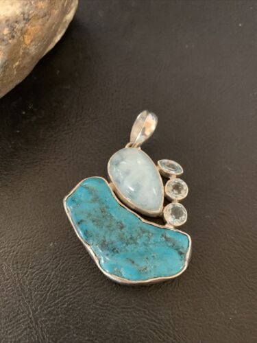 Navajo Blue Topaz Turquoise Pendant | Sterling Silver | 2" | Authentic Native American Handmade | 10832