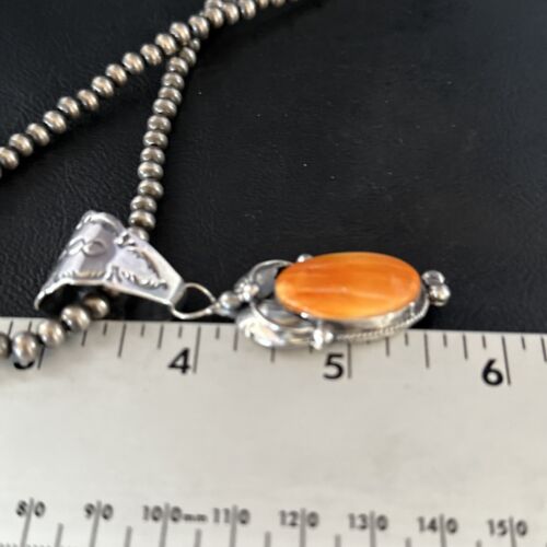 Navajo Orange Spiny Oyster Pendant Necklace | Sterling Silver | Authentic Native American Handmade | 14685