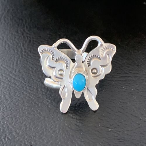 Navajo Blue Turquoise Butterfly Ring | Sterling Silver | Sz Adj 7 | Authentic Native American Handmade | 10677