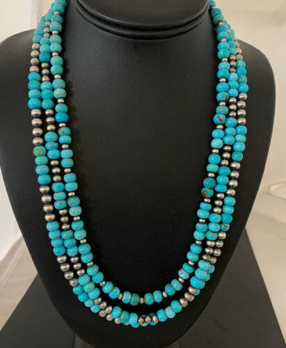Navajo Blue Turquoise Sterling Silver Graduated Bib Necklace | 3-Strand | 22" | Authentic Native American | 02153