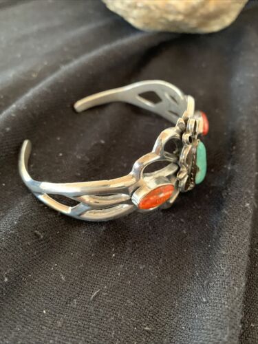 Men's Navajo Kingman Turquoise & Spiny Oyster Bracelet | Sterling Silver | Authentic Native American Handmade | 01032