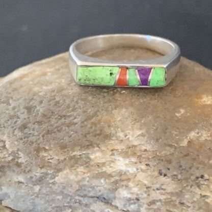 Southwestern Navajo Green Gaspeite Sugilite Red Coral Inlay Ring | Sz 7 | 02248