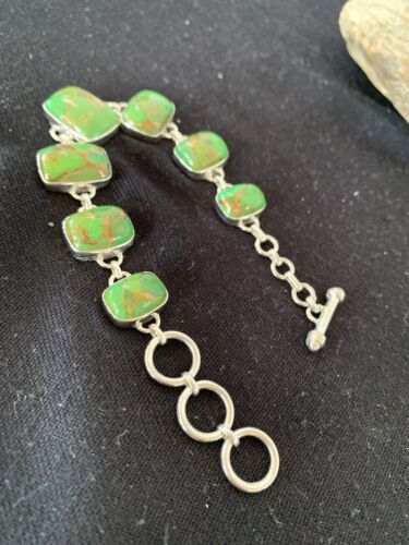 Navajo Green Mojave Turquoise Link Bracelet | Sterling Silver | 8.5" | Authentic Native American Handmade | 662