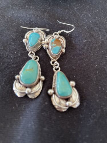 Navajo Royston Turquoise Dangle Earrings | Sterling Silver | Authentic Native American Handmade | 1166