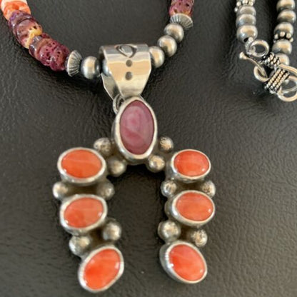 Navajo Purple Spiny Oyster Cluster Necklace | Sterling Silver Naja Pendant | Authentic Native American Handmade | 13154