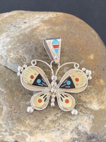 Zuni Blue Turquoise Coral Mother of Pearl Butterfly Inlay Pendant Necklace | Sterling Silver | 11969