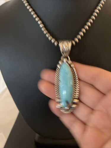 Men's Blue Kingman Turquoise Pendant | Navajo Pearls Sterling Silver Necklace | Authentic Native American Handmade | 01071