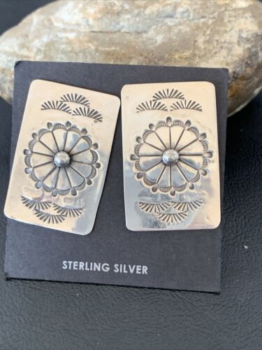 USA Womens Post 1.5” Navajo Sterling Silver Stamped Handmade Earrings 1664