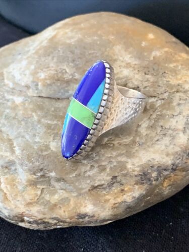 Navajo Multi-Color Lapis & Turquoise Inlay Ring | Sterling Silver | Sz 7 | Authentic Native American Handmade | 01576