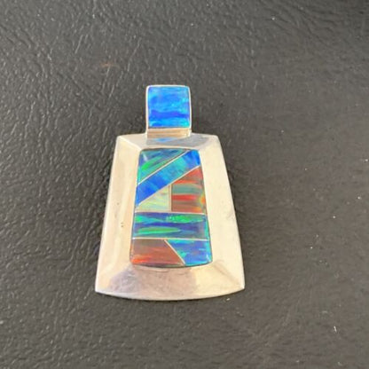 Navajo Blue Red Opal Inlay Pendant | Sterling Silver | Authentic Native American Handmade | 13340