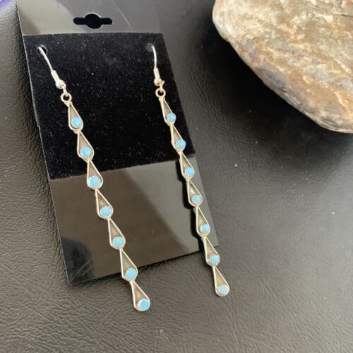 Navajo Green Turquoise Dangle Earrings | Sterling Silver | 3" Long | Authentic Native American Handmade | 12120