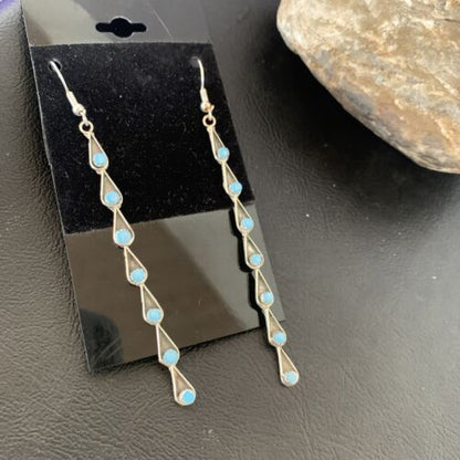 Navajo Green Turquoise Dangle Earrings | Sterling Silver | 3" Long | Authentic Native American Handmade | 12120