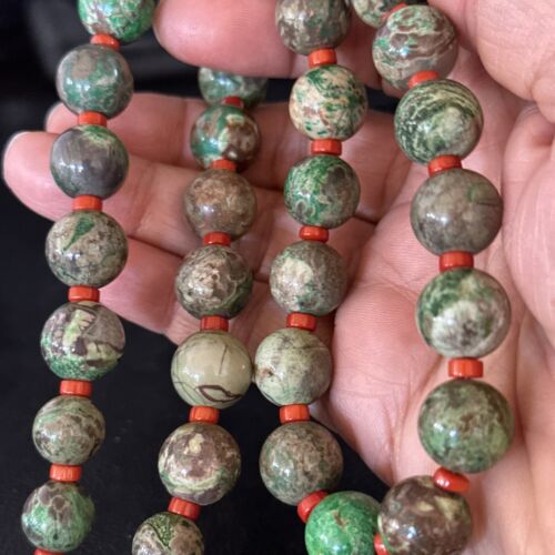 Navajo Green Turquoise Red Coral Necklace | Sterling Silver | 20" | Authentic Native American Handmade | 14736