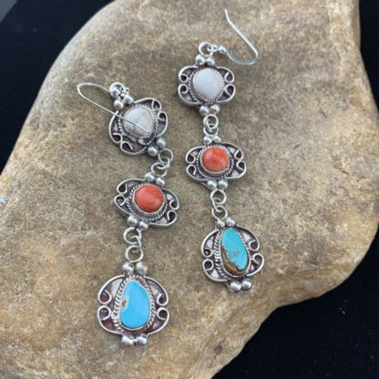 Navajo Spiny, Turquoise & Howlite Dangle Earrings | Sterling Silver | Authentic Native American Handmade | 1614