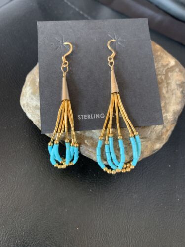 Navajo Blue Turquoise Dangle Heishi Earrings | Liquid Gold Filled Tubes | 2" | 13032