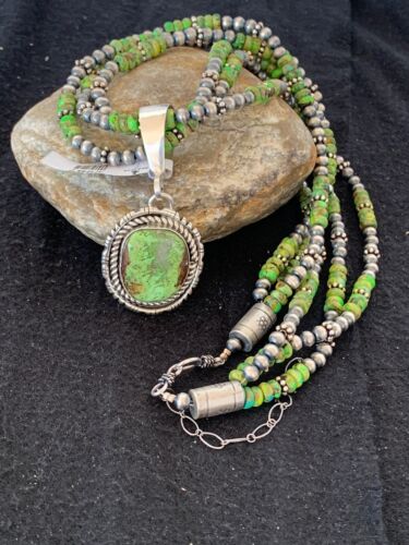 Navajo Pearls Gaspeite Turquoise Pendant Necklace Set | Sterling Silver | 3-Strand | 2987