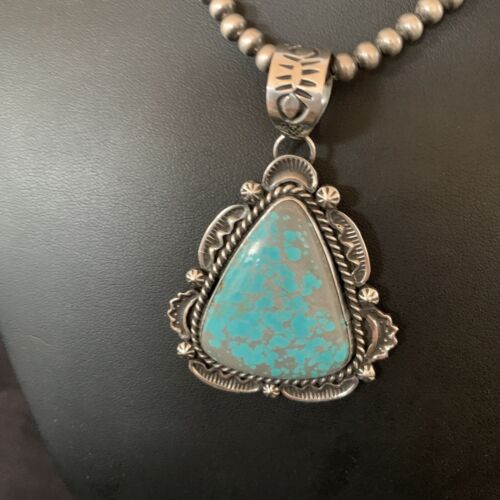 Navajo Pearls Sterling Silver Necklace with Blue Turquoise #8 Pendant | Authentic Native American Handmade | 11311