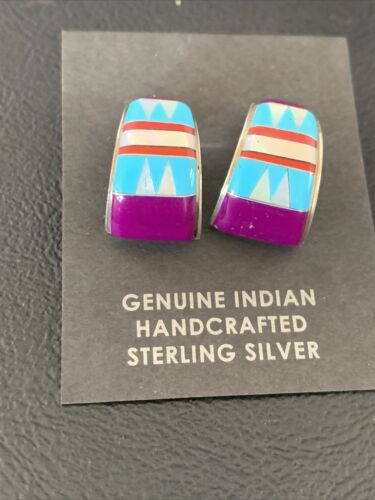 Navajo Multi-Color Turquoise Sugilite Inlay Earrings | Sterling Silver | 0.50" | 12998