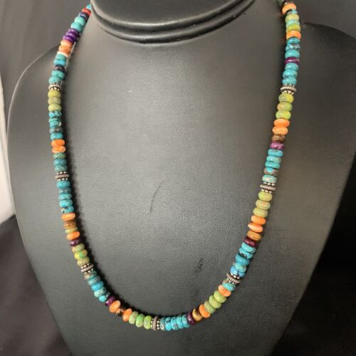 Navajo Blue Turquoise & Orange Spiny Oyster Necklace | Sterling Silver | 18" | 13434