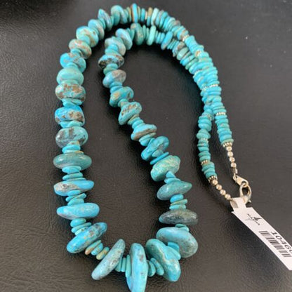 Navajo Pearl Graduated Sterling Silver Necklace with Natural Blue Turquoise | Authentic Native American | 22" | 10460