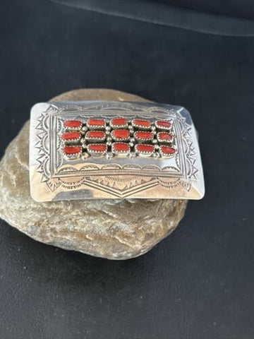 USA Stamped Navajo Red Coral Sterling Silver Belt Buckle Concho 14797