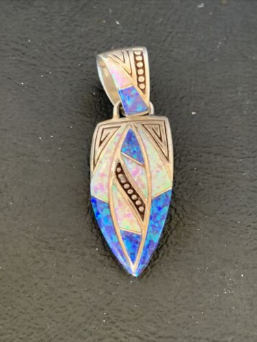 Authentic Native American Navajo Sterling Silver Pendant | Pink & Blue Opal Inlay | Handmade Jewelry | 12479