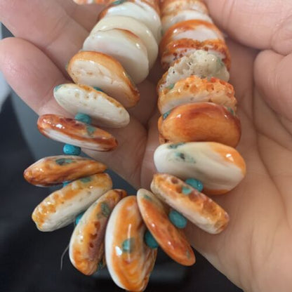 Navajo Turquoise & Orange Spiny Oyster Necklace | Sterling Silver | Authentic Native American | Graduated | 24" | 12733
