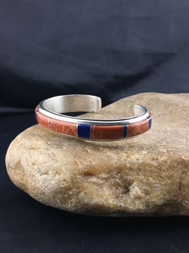 Native American Spiny Oyster & Lapis Inlay Bracelet | Navajo Sterling Silver | 4544