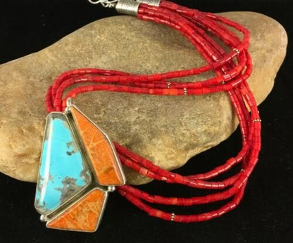 Navajo Spiny Oyster & Turquoise Pendant | Sterling Silver Coral Bead Necklace | Multi-Strand | 8477