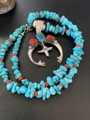 Navajo Sterling Silver Turquoise Coral Pendant Necklace | Authentic Native American Handmade | 11697