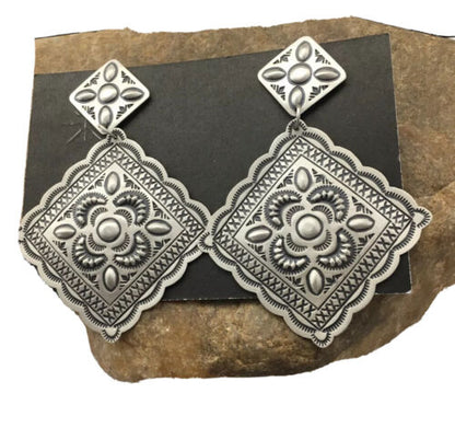 Authentic Native American Navajo Sterling Silver Stamped Earrings | 2.75" | SET01708 - Masha USA