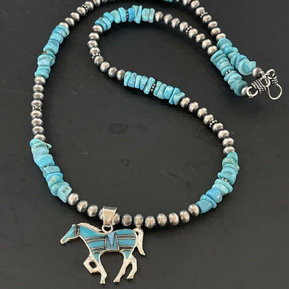Navajo Horse Inlay Pendant | Blue Turquoise Opal | Sterling Silver | Authentic Native American Handmade | 11328