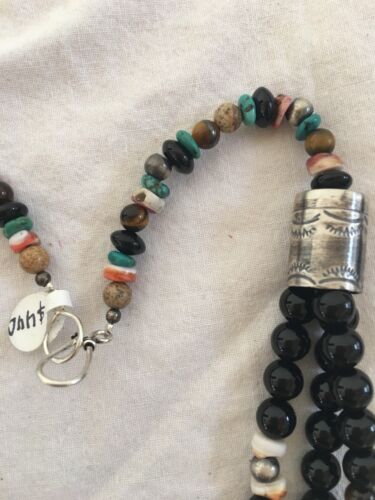 Turquoise Black Onyx 3 Strand Navajo Sterling Silver Necklace | Native American | 21" |  319