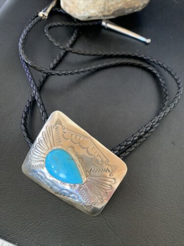 Men's Bolo Tie | Navajo Blue Kingman Turquoise | Sterling Silver | Authentic Native American Handmade | 12146