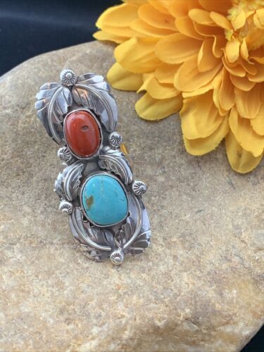 Navajo Royston Turquoise, Coral, and Multi-Stone Men's Ring | Authentic Native American Sterling Silver | Sz 8 | 1808