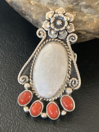 Navajo Sterling Silver Turquoise #8 Orange Spiny Oyster Ring | Authentic Native American Multi-Stone | Sz 6 | 11660